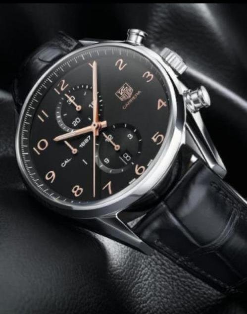 Tagheuer Black Leather Strap Gold Dial Chronograph Men's Watch