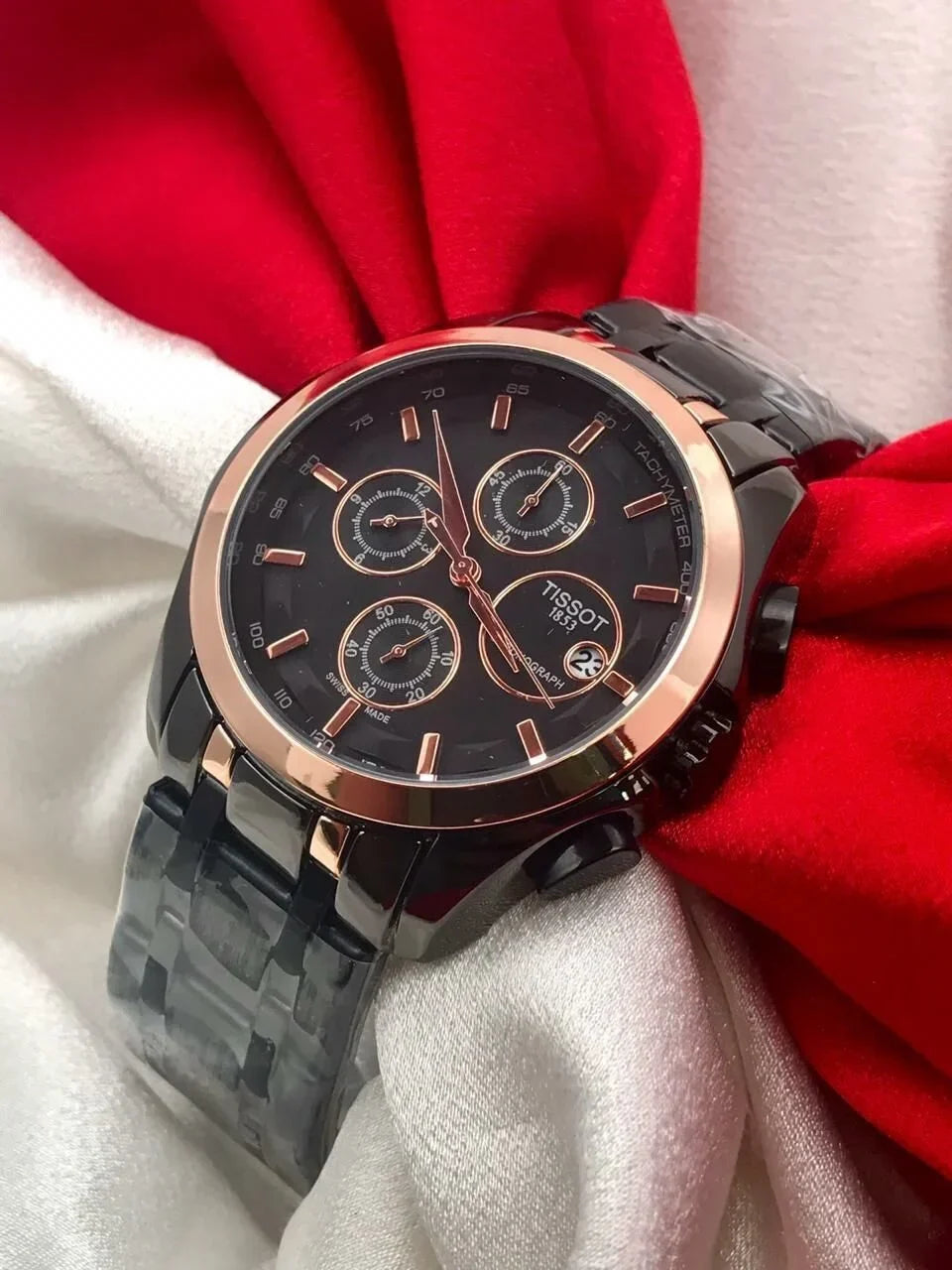 Luxurious Tissot Gold Bezel Black Metal Belt Chronograph Men's Watch