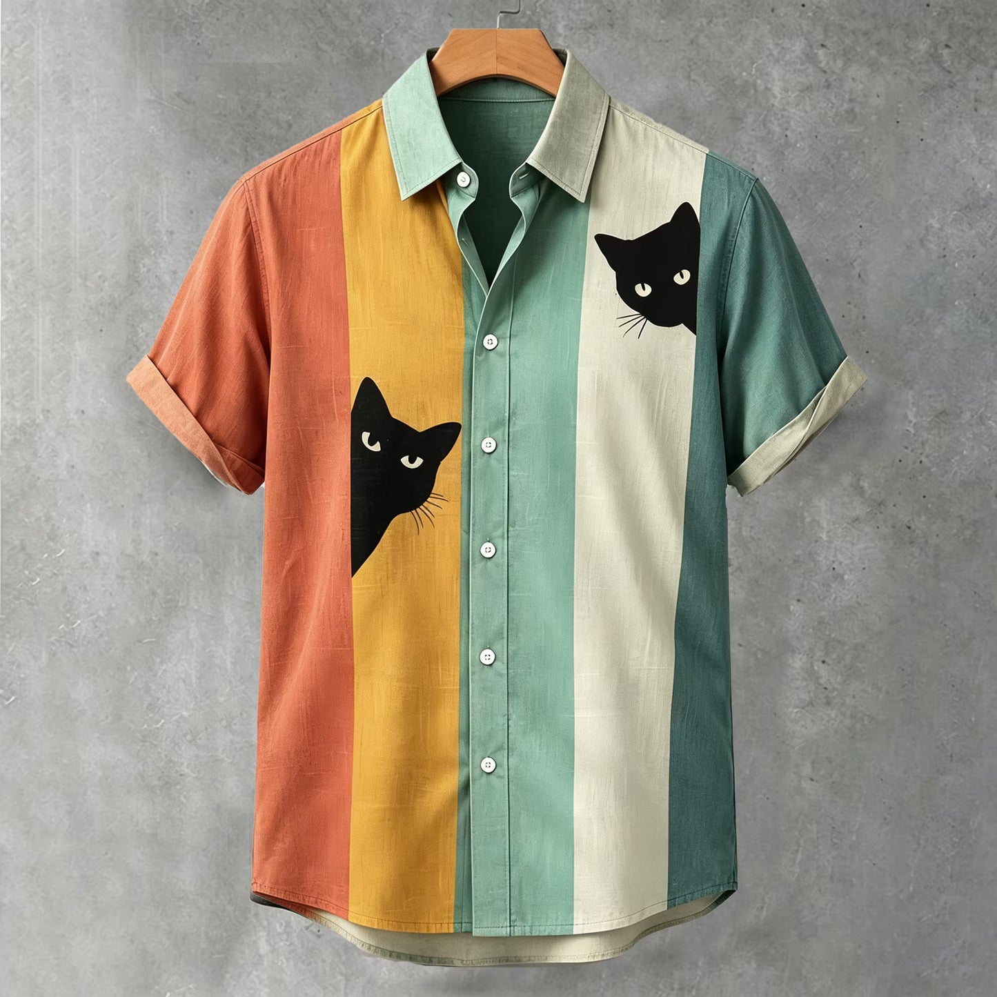 Retro Cat Color Block Shirt β Men's Casual Short Sleeve Summer Shirt