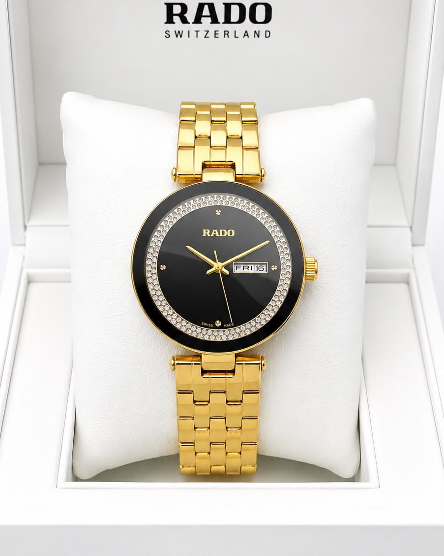 Rado Floral Black Dial Gold Stainless Steel Analog Watch