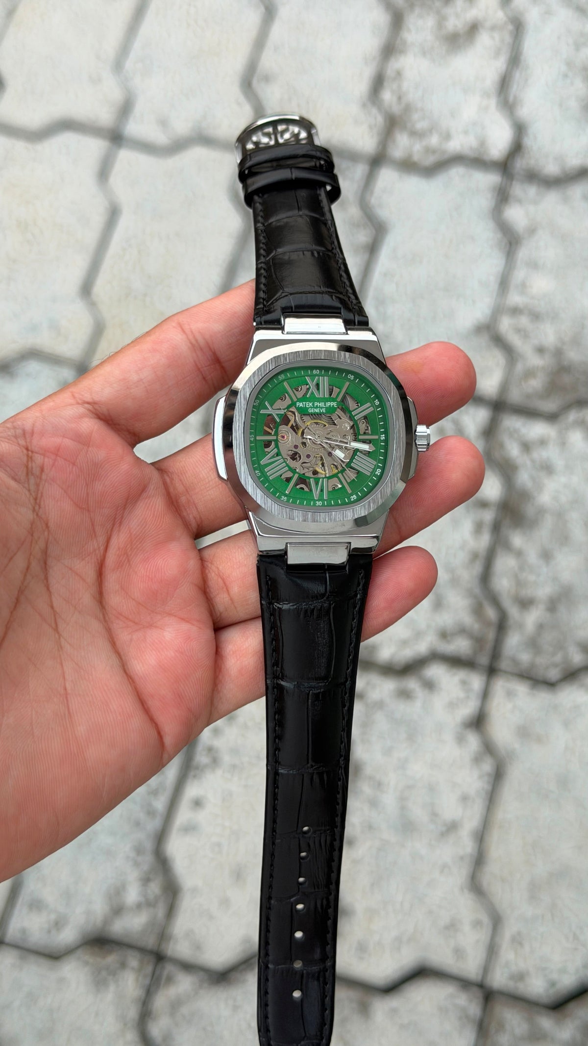 Patek Philippe Nautilus Skeleton Green Dial Automatic Luxury Watch – Silver Black Crocodile Leather Strap