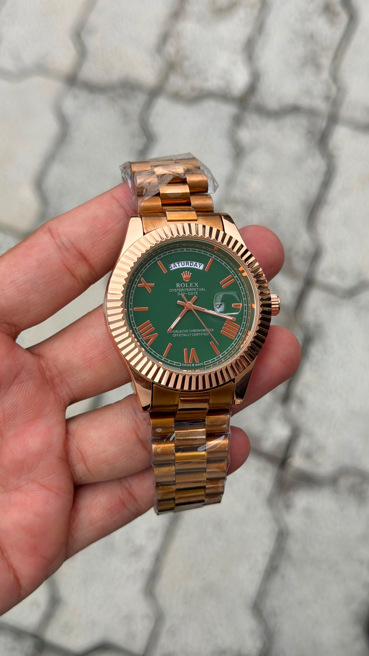 Rolex Day-Date Rose Gold-Tone Green Dial Roman Numeral Watch