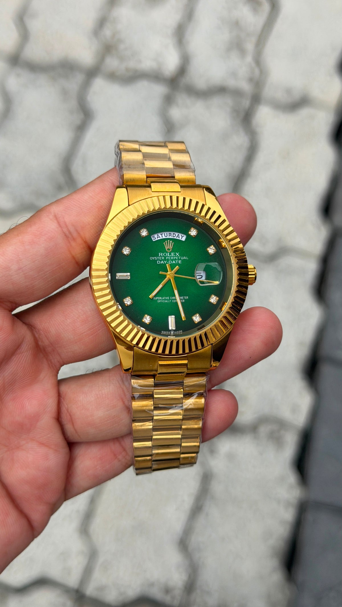 Rolex Day-Date Gold-Tone Green Dial Diamond Marker Watch for Men