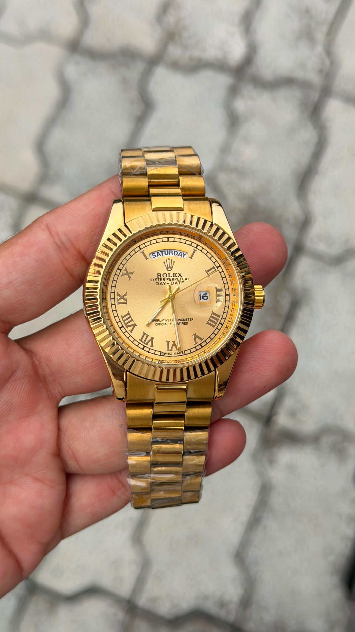Rolex Day-Date Gold-Tone Gold Dial Roman Numeral Watch for Men