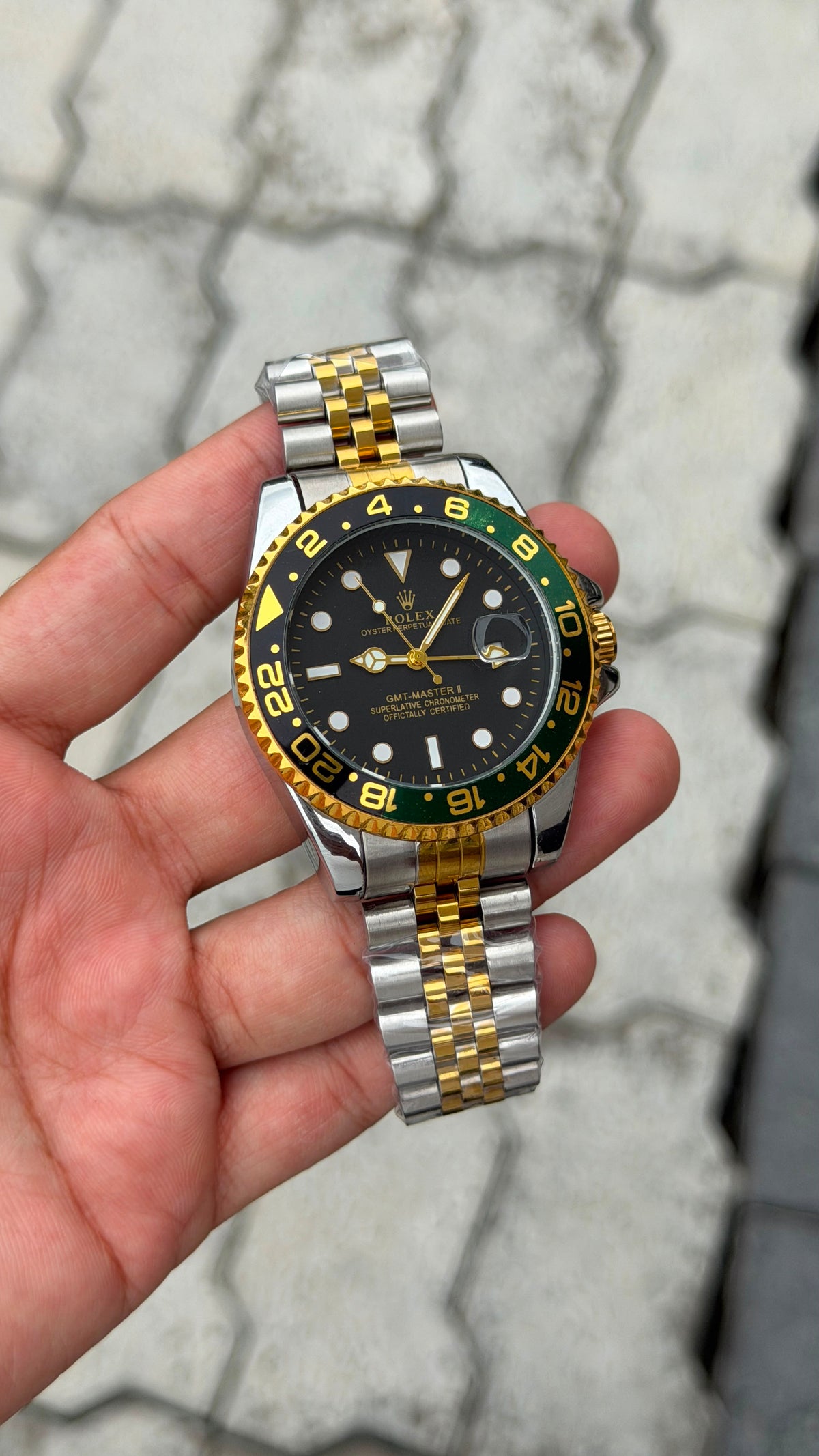 Rolex GMT-Master II Black Dial Black & Green Bezel Two-Tone Bracelet Watch