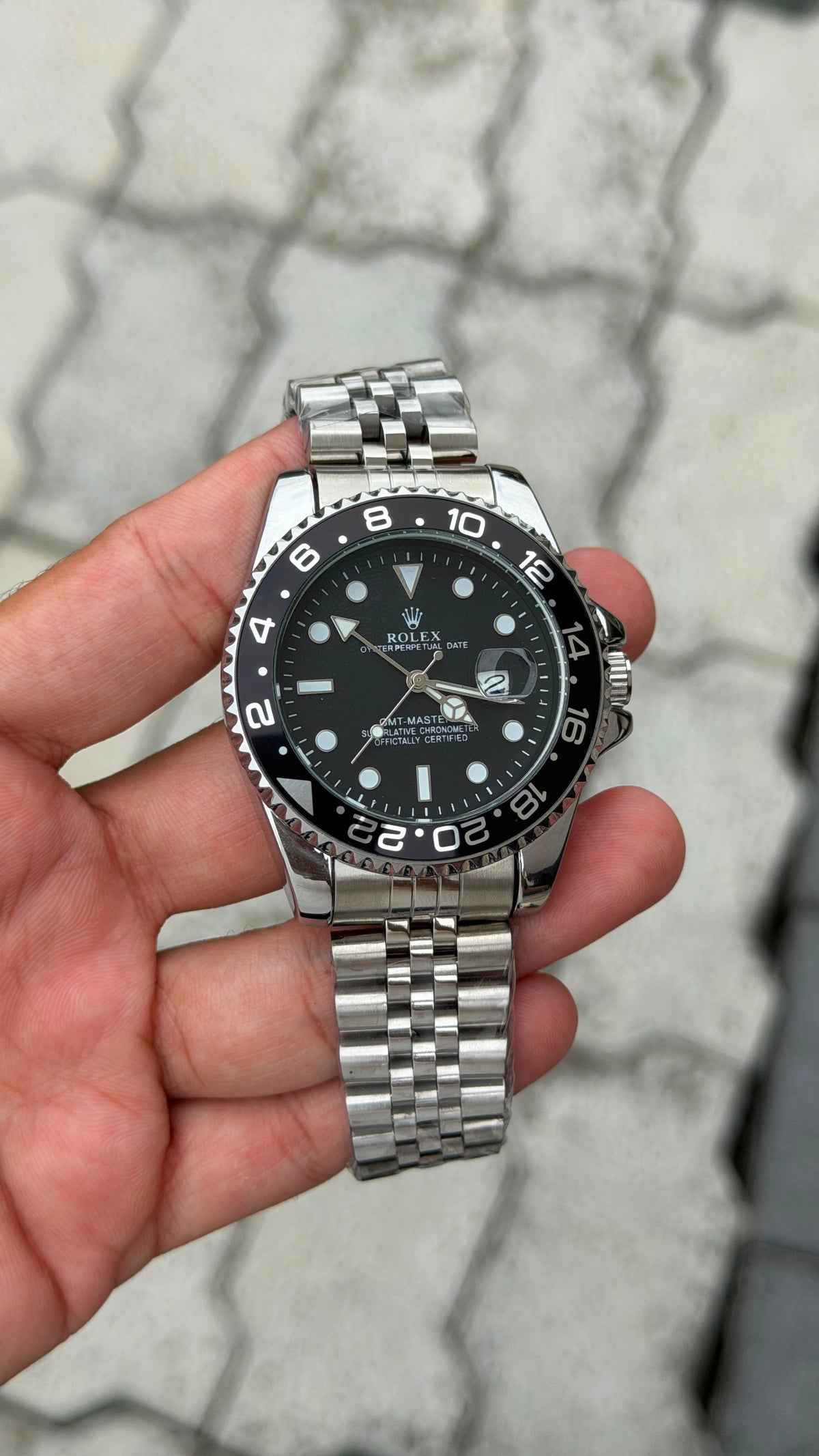 Rolex GMT-Master II Black Dial with Black Bezel Silver Bracelet Watch