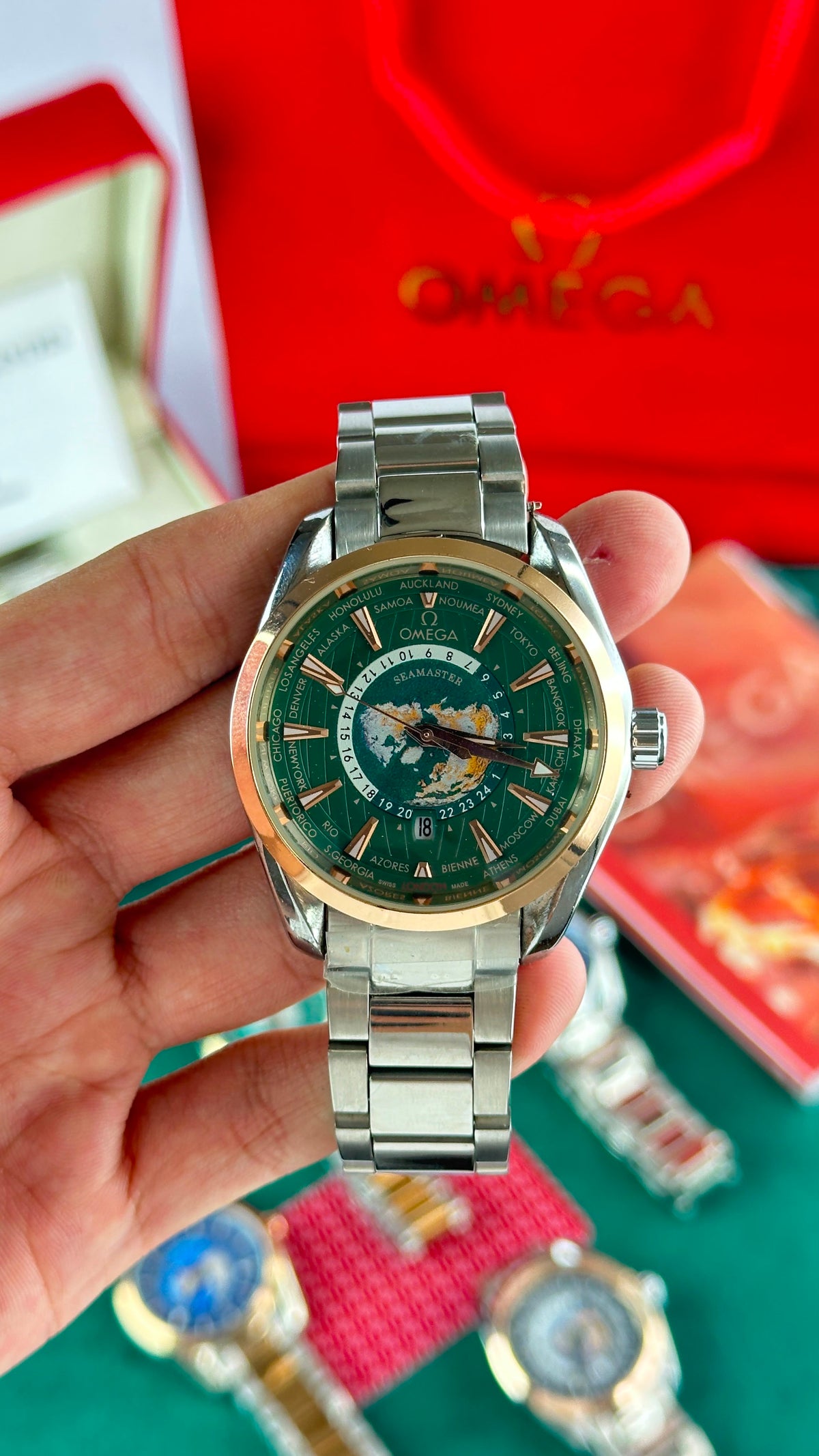 Omega Worldtimer Green Dial Rose Gold Bezel Silver Bracelet Watch
