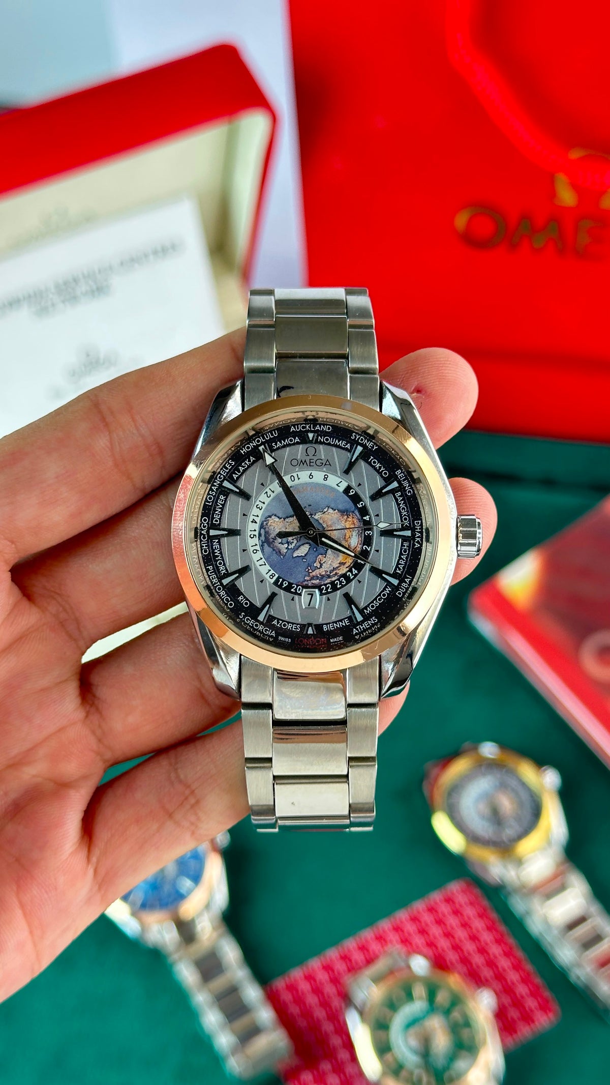 Omega Worldtimer Silver Dial Rose Gold Bezel Silver Bracelet Watch