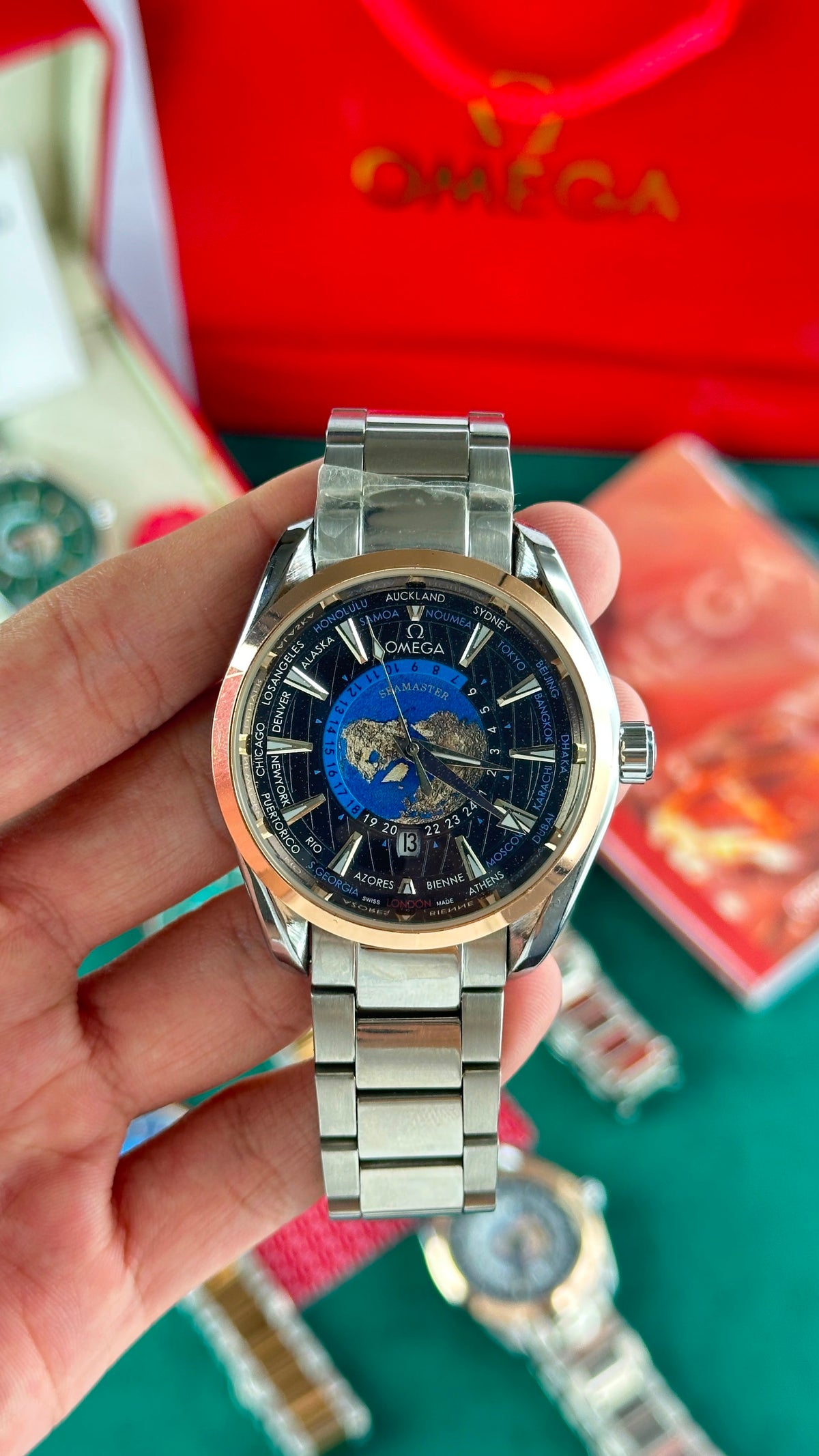 Omega Worldtimer Black Dial Rose Gold Bezel Silver Bracelet Watch