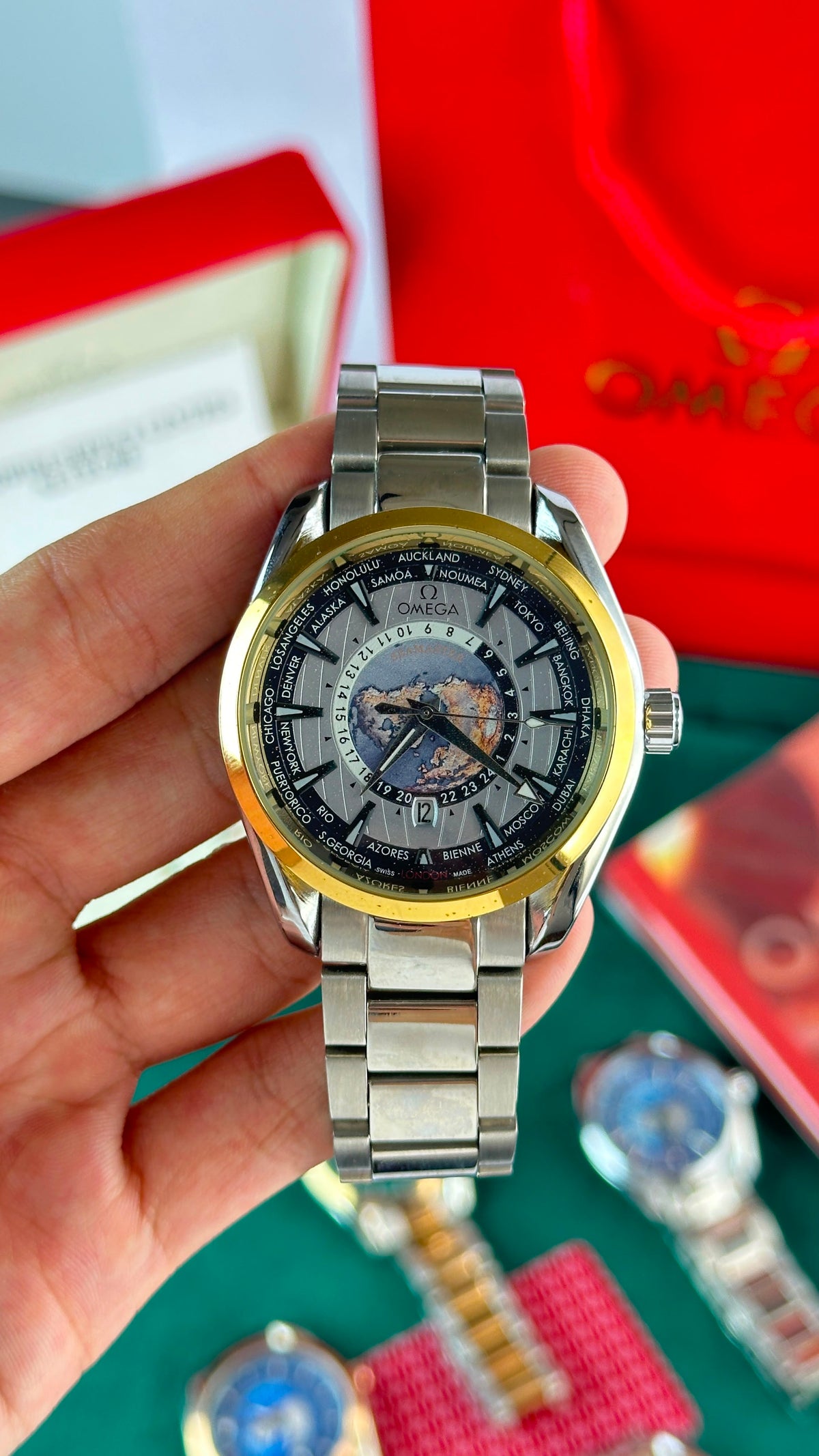Omega Worldtimer Silver Dial Gold Bezel Silver Bracelet Watch