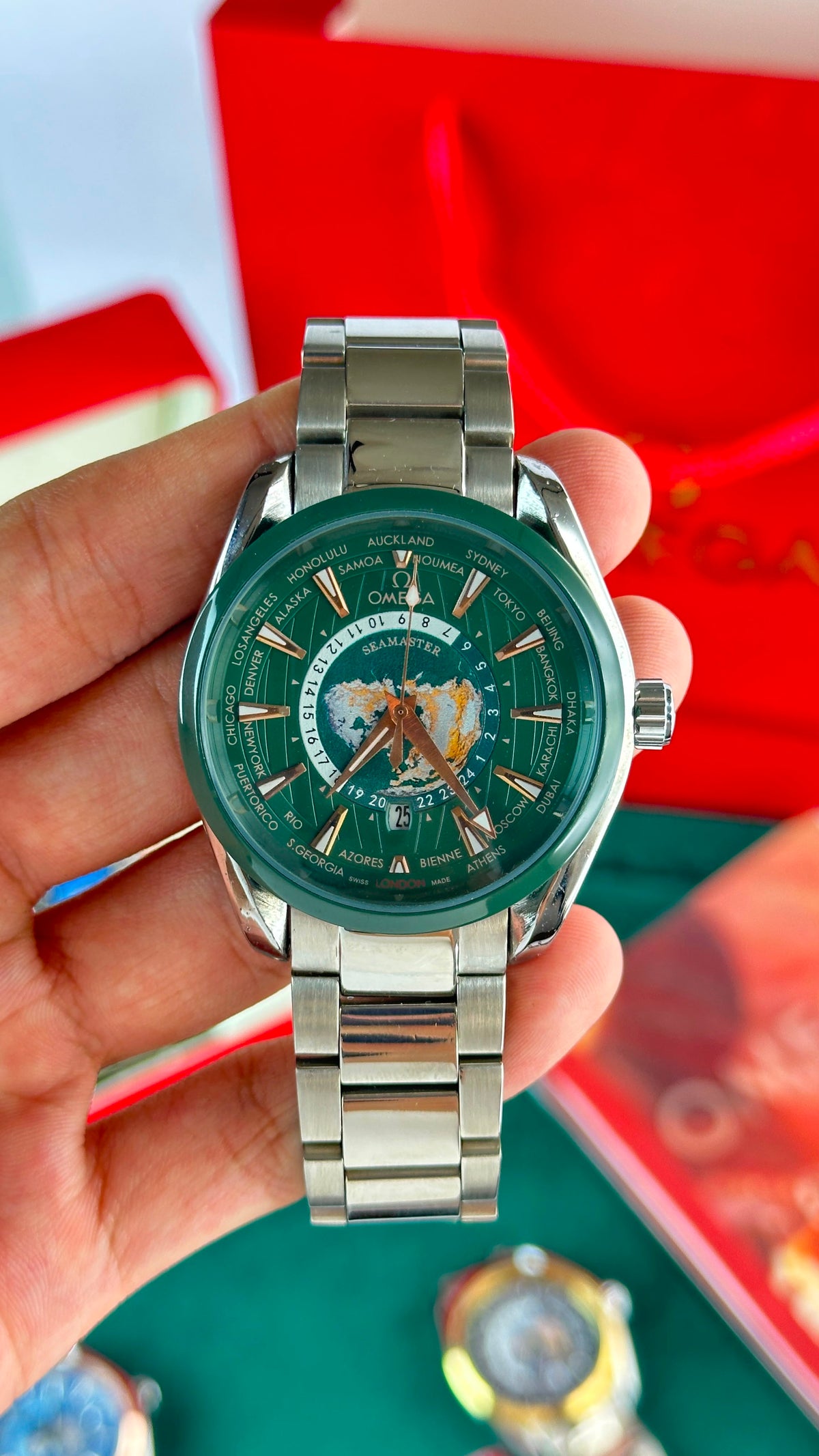 Omega Worldtimer Green Dial Green Bezel Silver Bracelet Watch