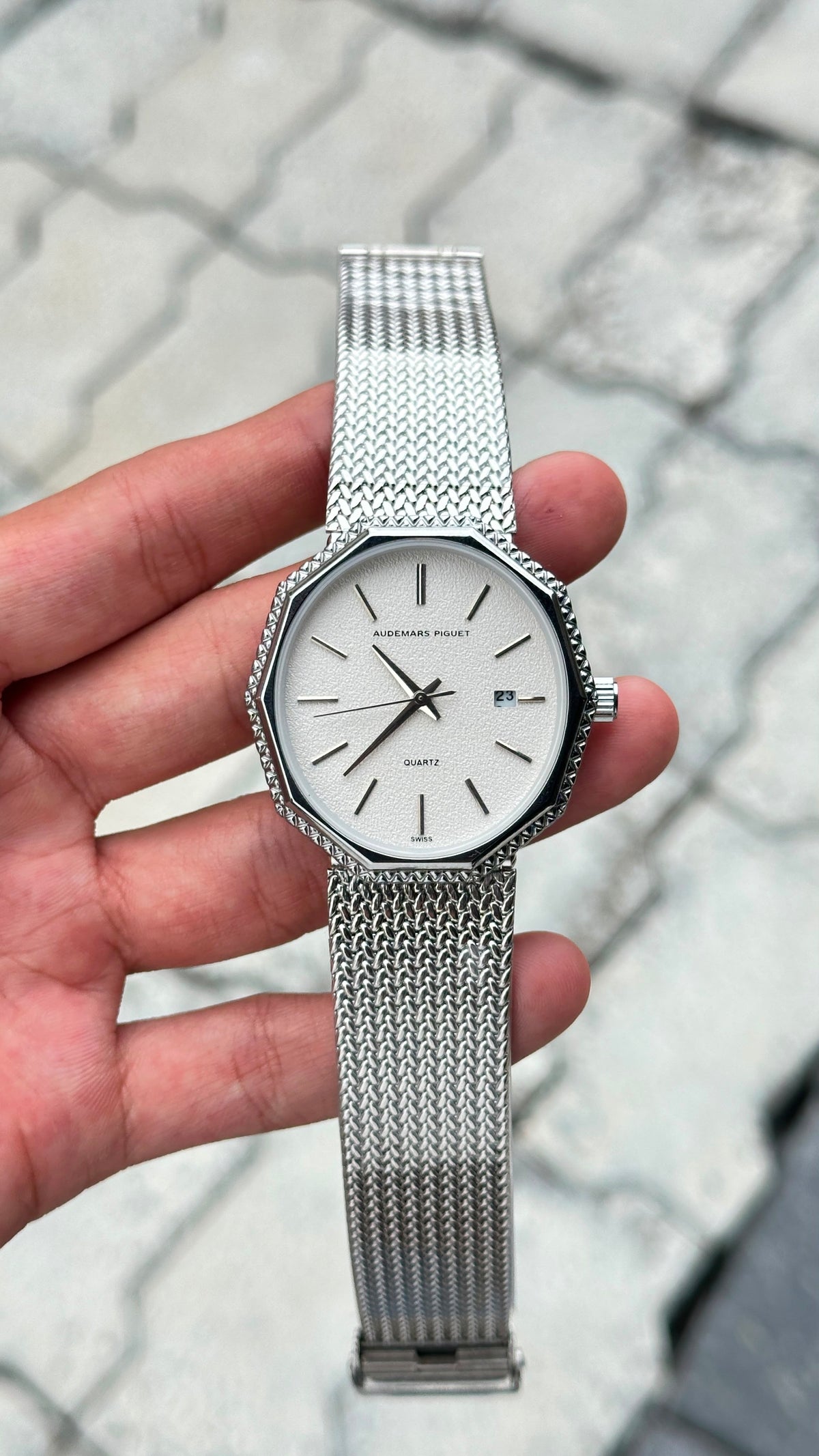 Audemars Piguet White Dial Silver Bezel Silver Mesh Bracelet Watch