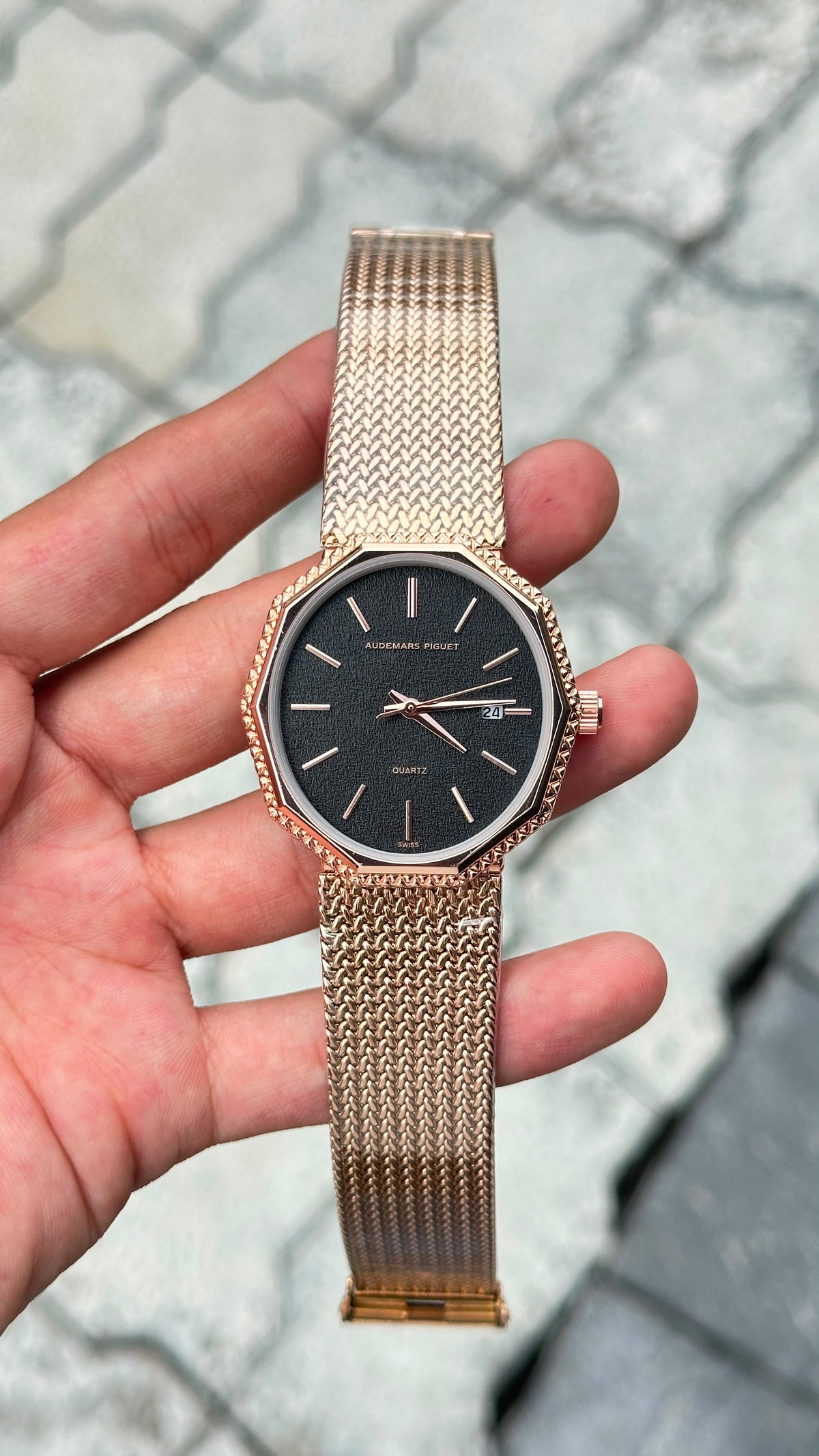 Audemars Piguet Black Dial Rose Gold Bezel Silver Mesh Bracelet Watch