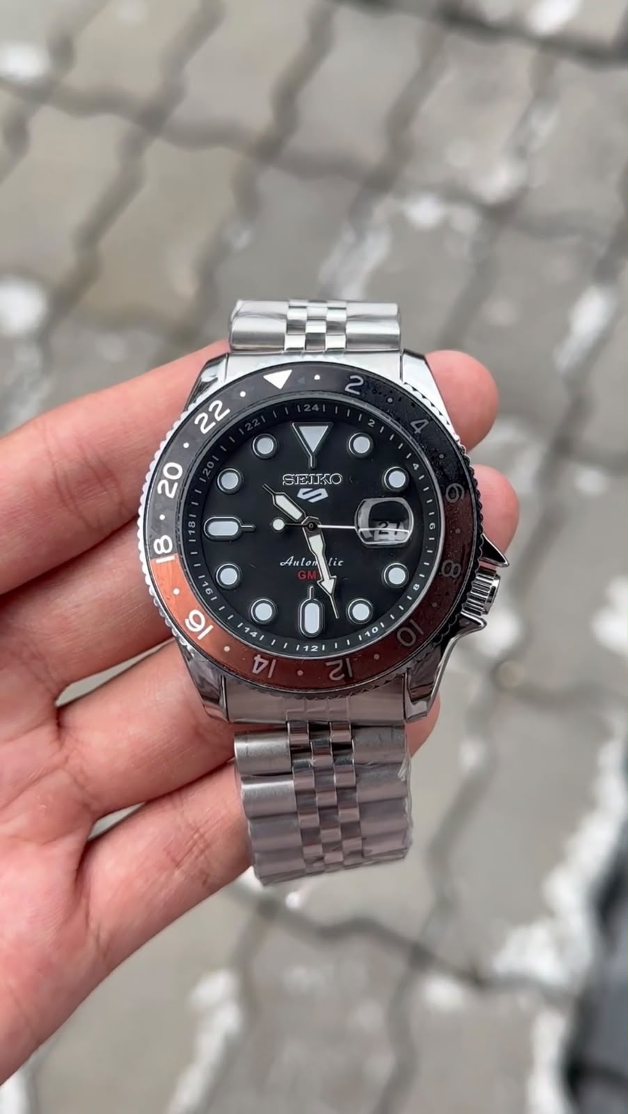 Seiko 5 Sports Black Dial Black & Red Bezel Silver Watch