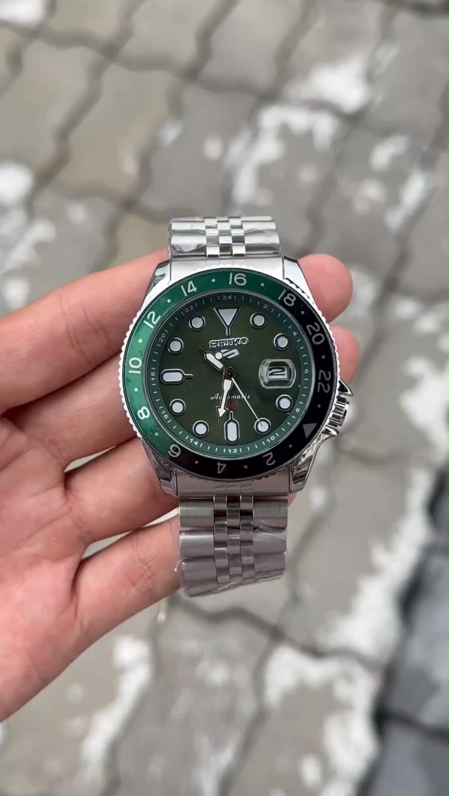 Seiko 5 Sports Green Dial Green Bezel Silver Watch