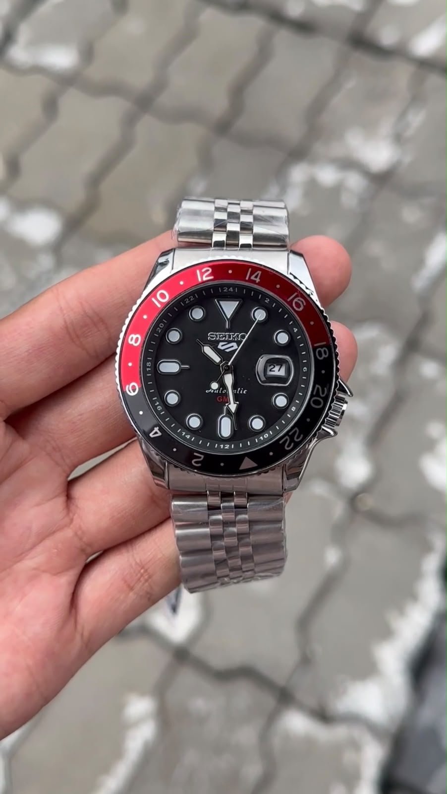 Seiko 5 Sports Black Dial Black & Dark Red Bezel Silver Watch