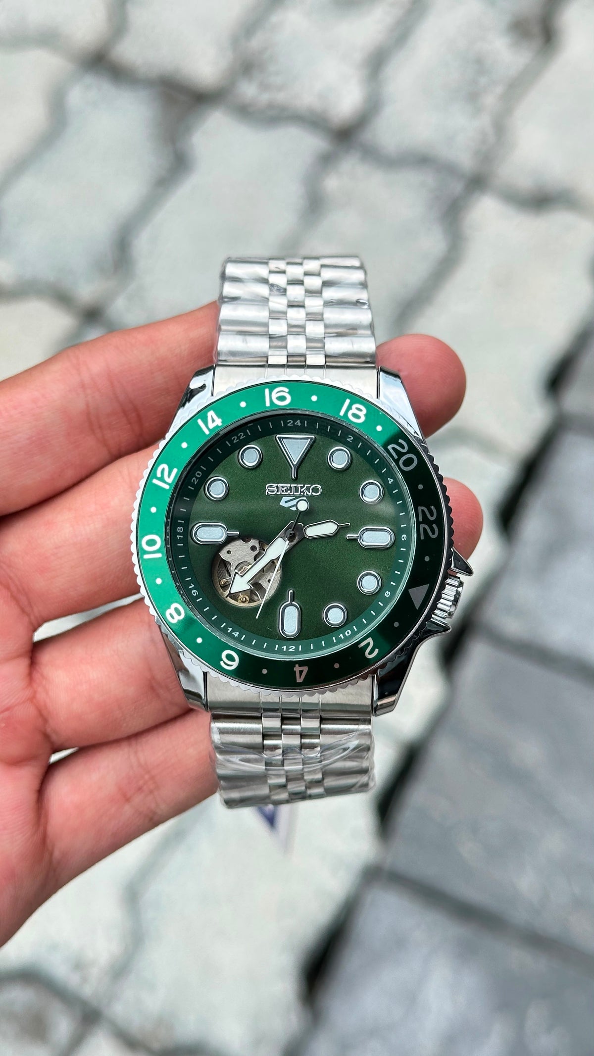 Seiko 5 Sports Green Dial Green & Black Bezel Silver Watch