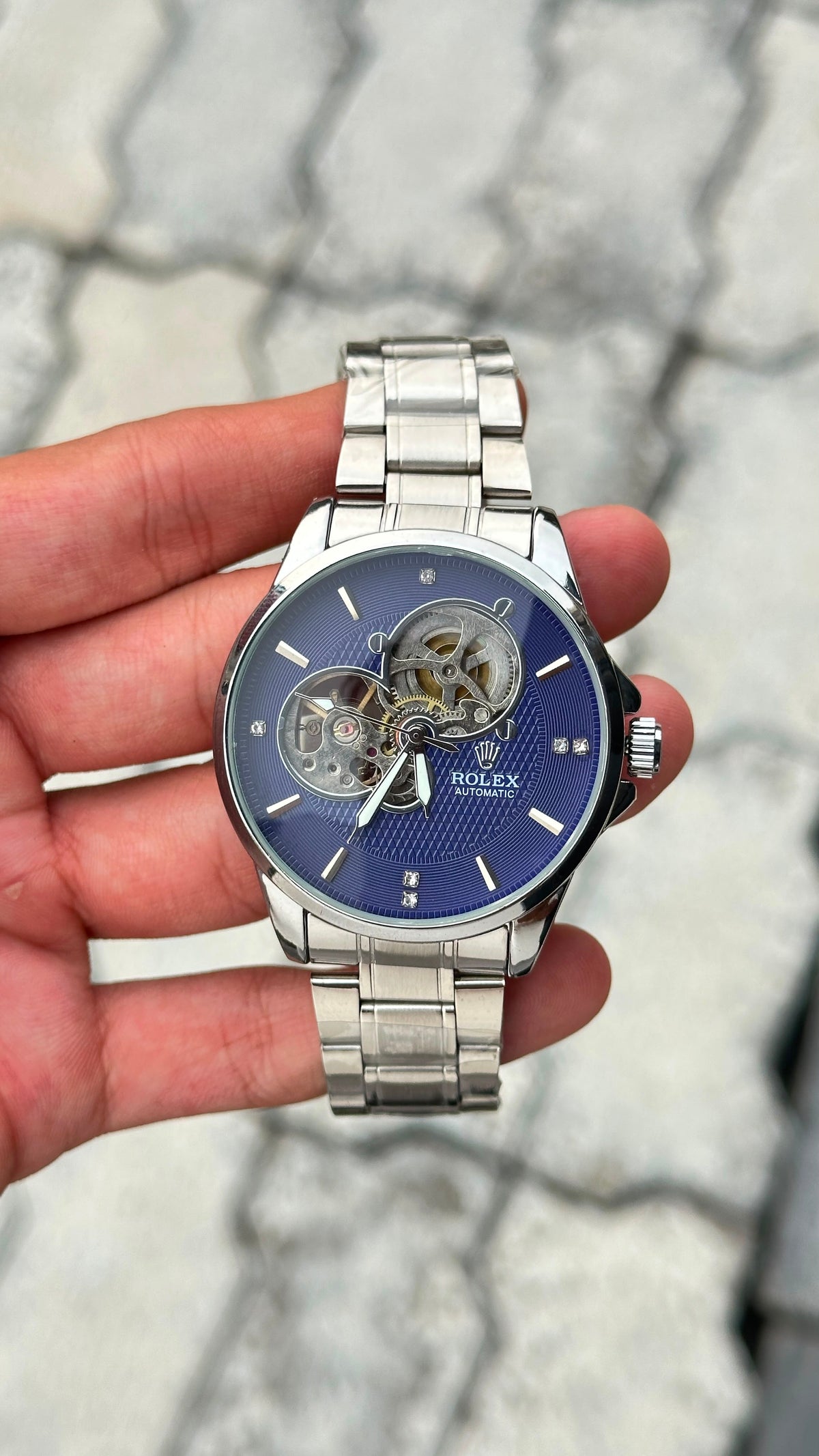 Rolex Blue Dial Silver Skeleton Automatic Silver Bracelet Watch