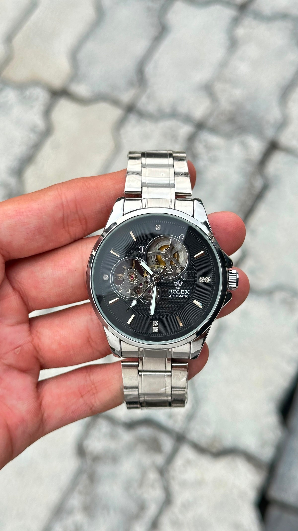 Rolex Black Dial Silver Skeleton Automatic Silver Bracelet Watch