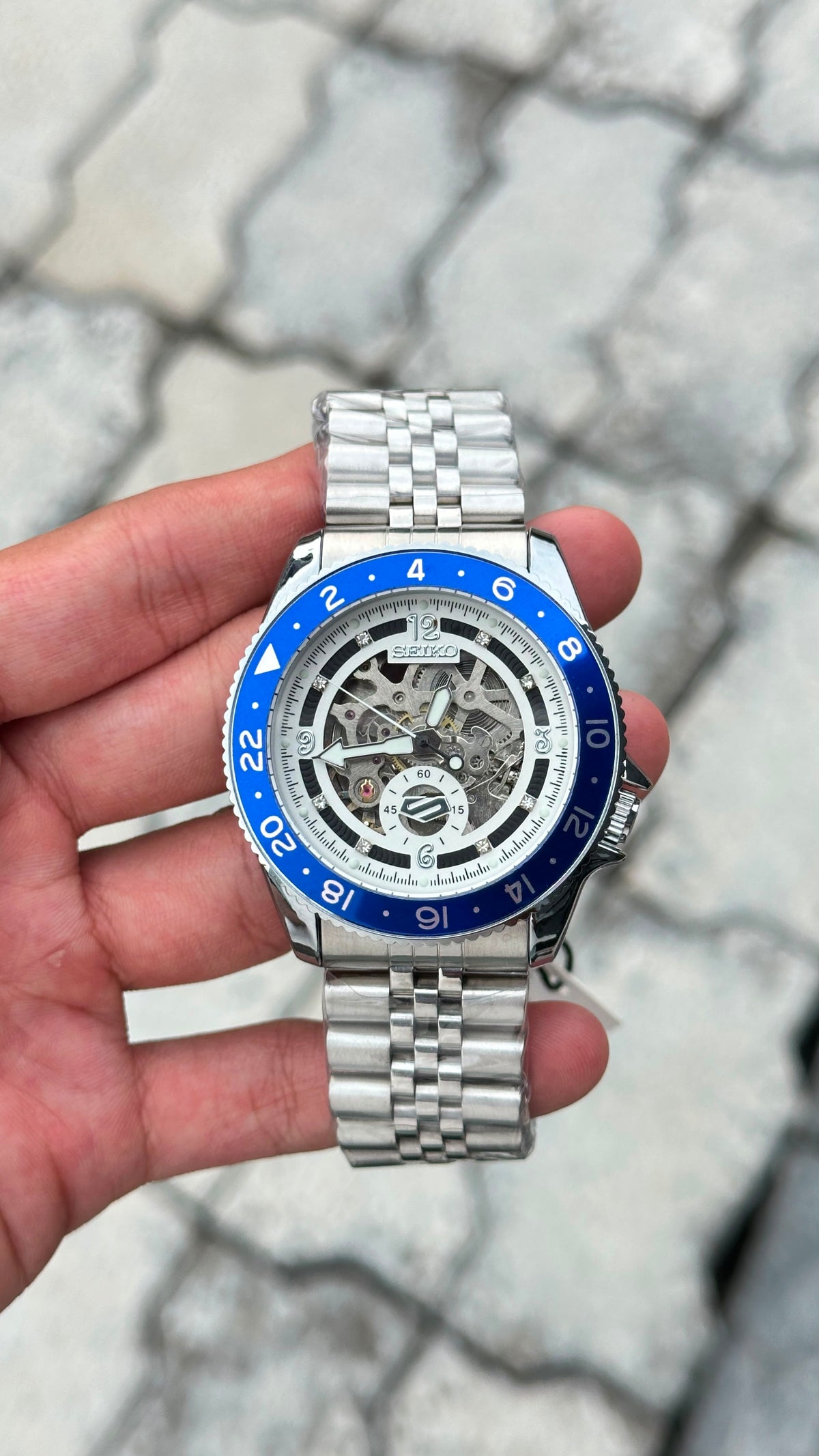 Seiko Blue Bezel Skeleton Automatic Watch