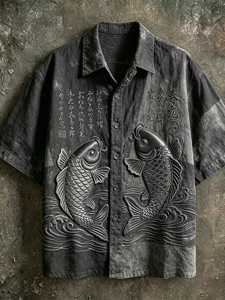 Men's Black Koi Fish Embroidered Cuban Collar Shirt | Premium Japanese Style Casual Half Sleeve Shirt
