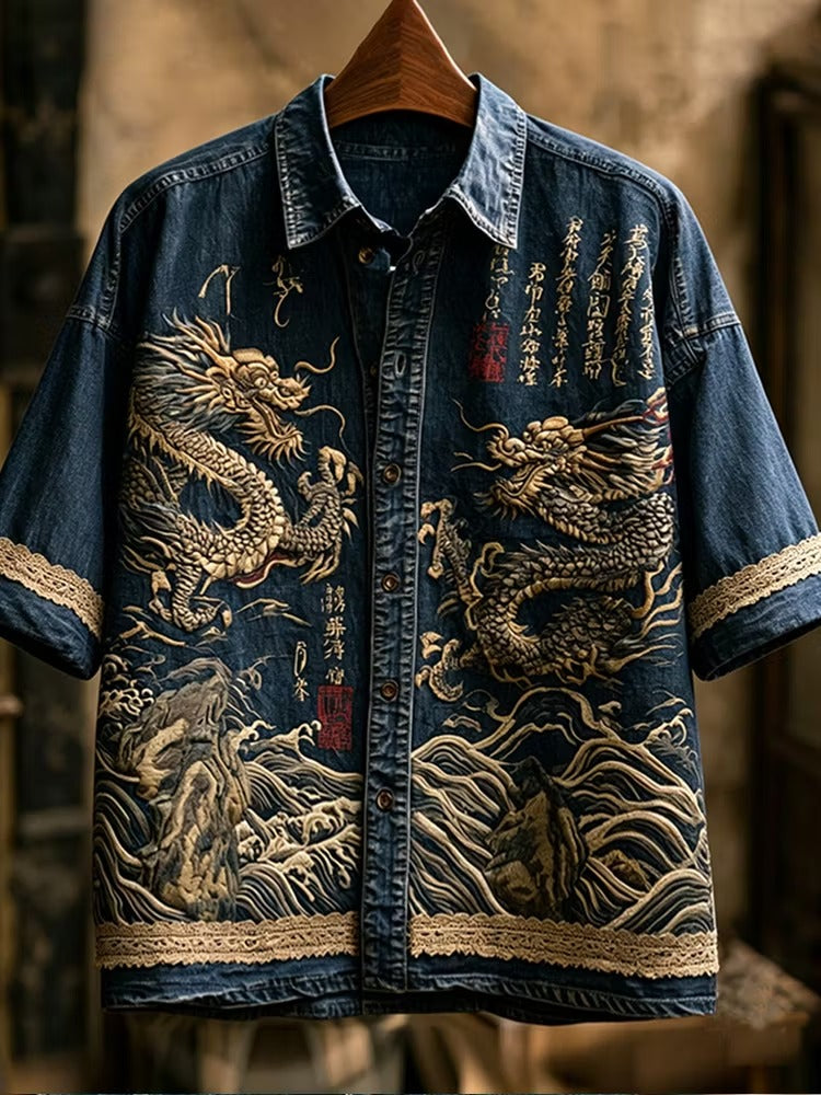 Men's Vintage Dragon Embroidered Denim Shirt | Japanese Style Short Sleeve Casual Shirt