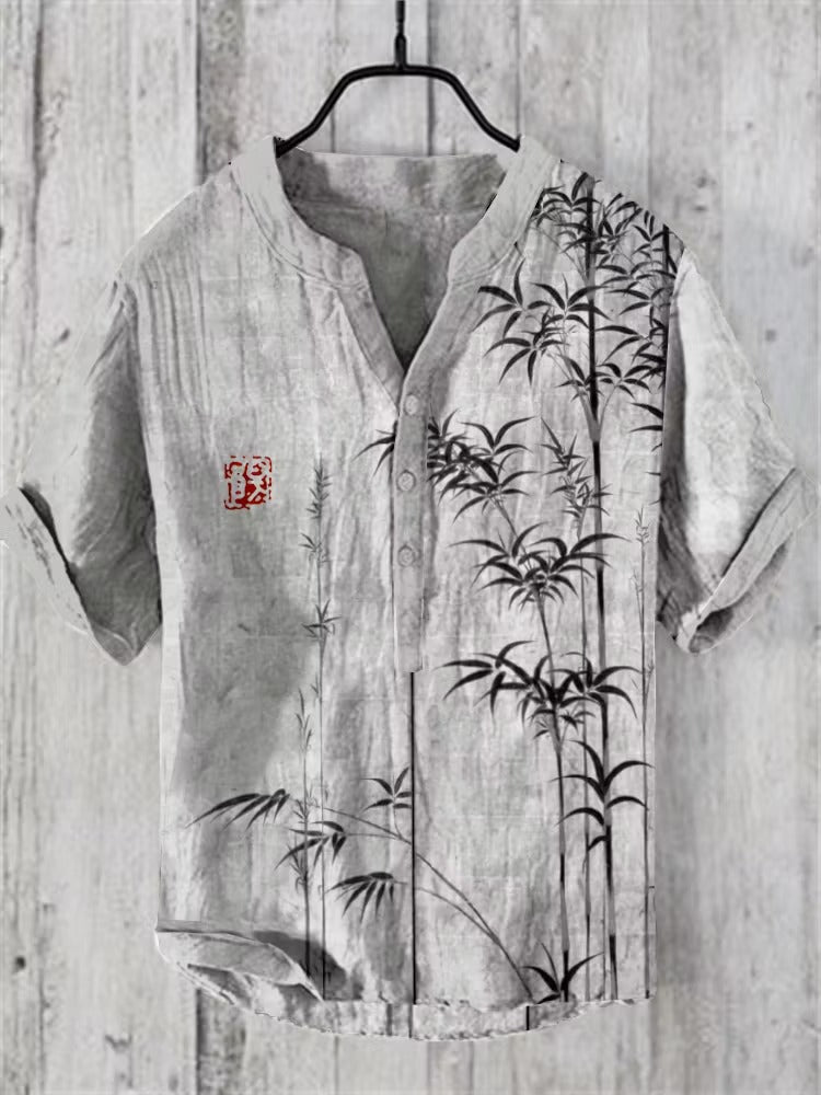 Men's Japanese Bamboo Ink Print Cotton Linen Henley Shirt | Vintage Zen Summer Casual Shirt