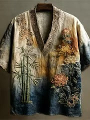 Men's Japanese Bamboo & Chrysanthemum V-Neck Shirt | Premium Cotton Linen Casual Summer Top