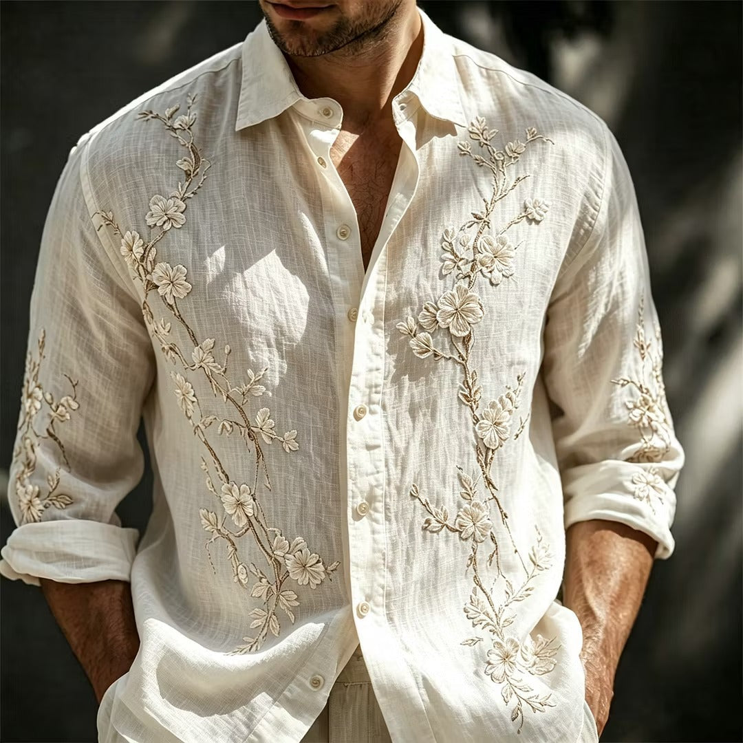 Men's White Floral Embroidered Cotton Linen Shirt | Premium Long Sleeve Casual Button-Up | Uroba.shop