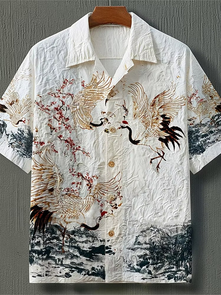 Men's Japanese Crane Art Printed Short Sleeve Shirt | Premium Cotton Linen Casual Button-Up