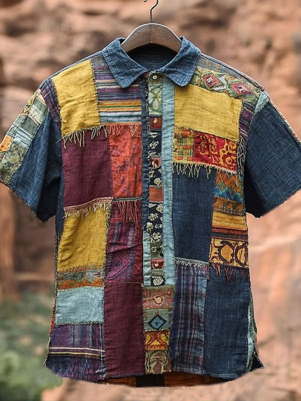 Men's Vintage Patchwork Cotton Linen Shirt | Bohemian Handmade Short Sleeve Casual Shirt
