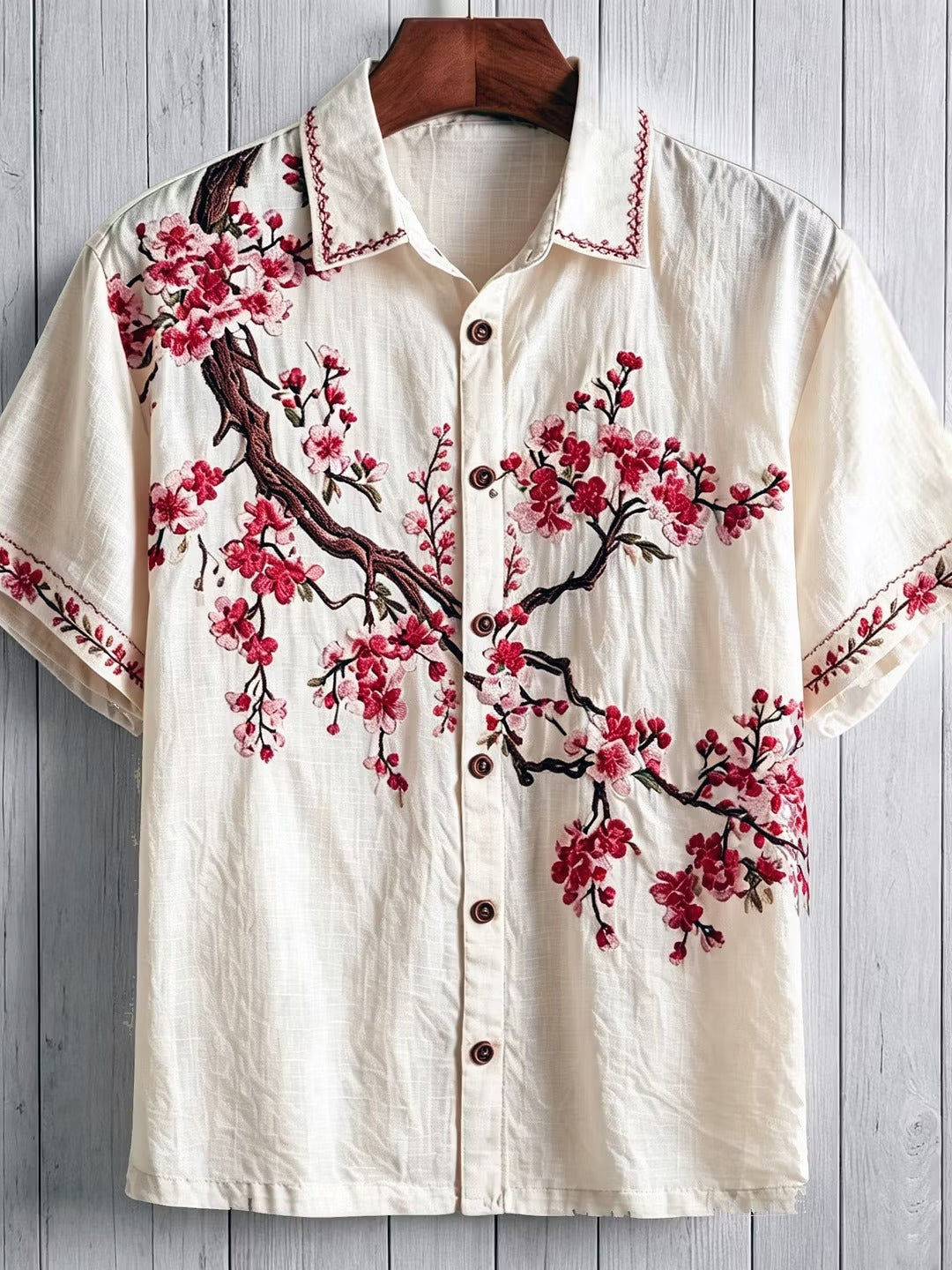 Men's Sakura Blossom Embroidered Cotton Linen Shirt | Japanese Floral Summer Casual Shirt