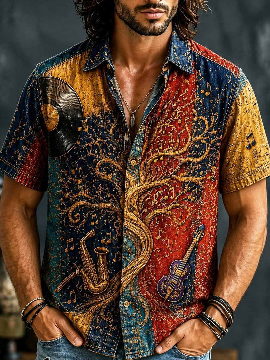 Men's Vintage Music Art Print Short Sleeve Button-Up Shirt | Casual Retro Graphic Summer Shirt