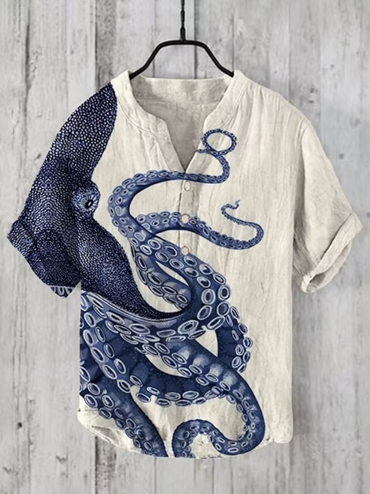 Men's Giant Octopus Cotton Linen Shirt | Japanese Ocean Art V-Neck Casual Summer Top
