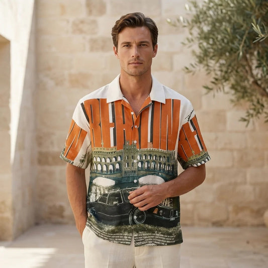 Men's Berlin Graphic Print Cuban Collar Shirt | Vintage Cityscape Casual Half Sleeve Shirt