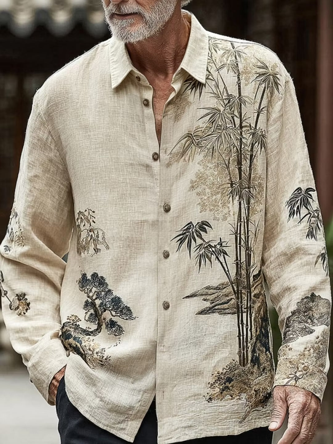 Men's Beige Japanese Bamboo Print Cotton Linen Shirt | Long Sleeve Casual Button-Up Shirt | Uroba.shop
