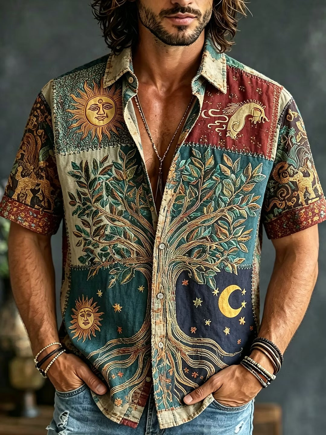 Men's Vintage Tree of Life Celestial Print Short Sleeve Button-Up Shirt | Boho Casual Summer Shirt