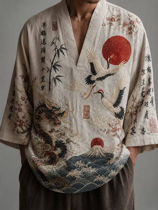 Men's Japanese Kimono Style Cotton Linen Shirt | Crane Dragon Print V-Neck Casual Half Sleeve Top | Uroba.shop
