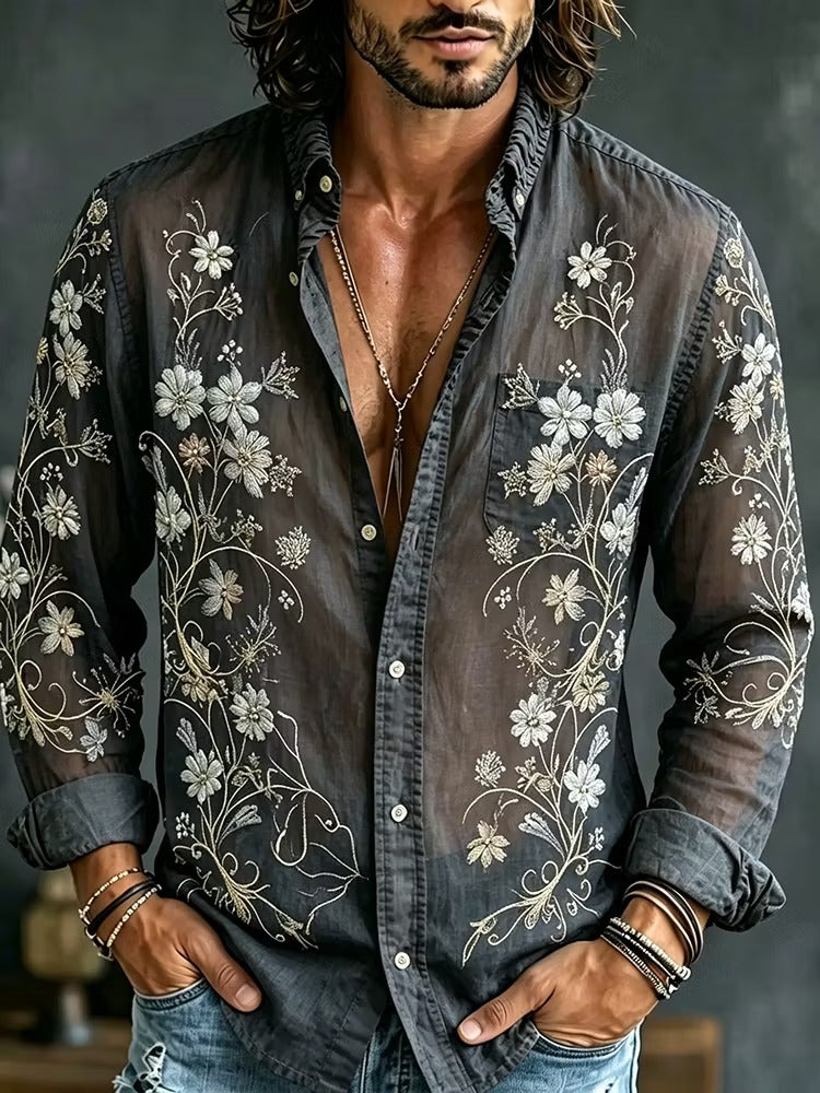 Men's Black Sheer Floral Embroidered Shirt | Premium Long Sleeve Mesh Casual Party Shirt | Uroba.shop
