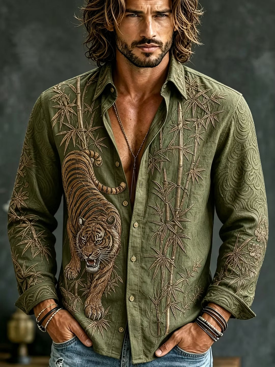 Men's Olive Green Tiger Embroidered Cotton Linen Shirt | Japanese Bamboo Long Sleeve Casual Shirt | Uroba.shop