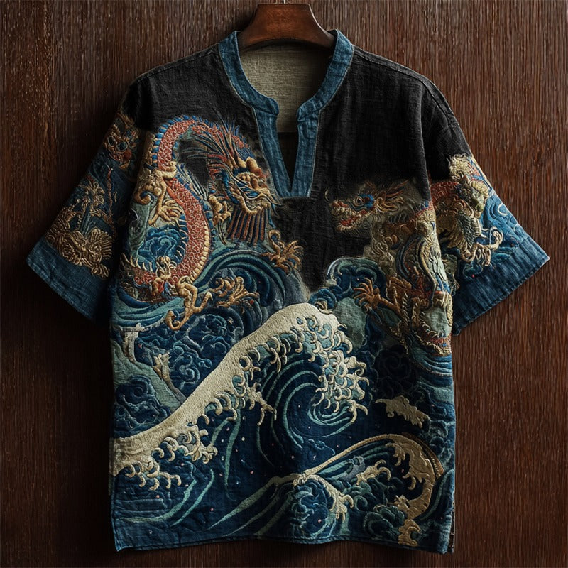 Men's Japanese Dragon Wave Cotton Linen Shirt | Vintage V-Neck Short Sleeve Summer Shirt