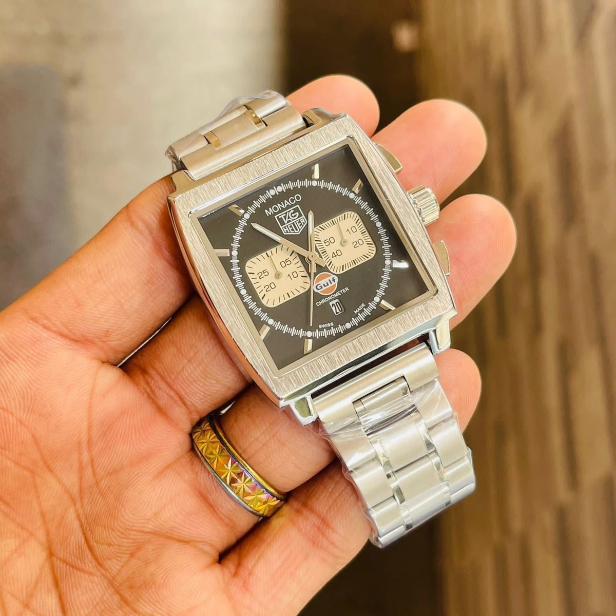 Tag Heuer Monaco Chronometer Watch For Men In Silver And Black