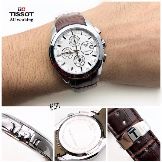 Tissot Brown Leather Strap Silver Bezel Watch For Men