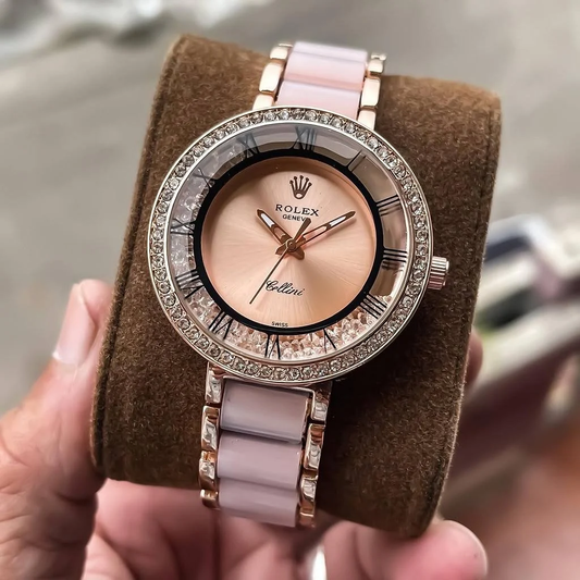 Rolex Rose Gold Dial Metal Strap Women's Watch For Gift