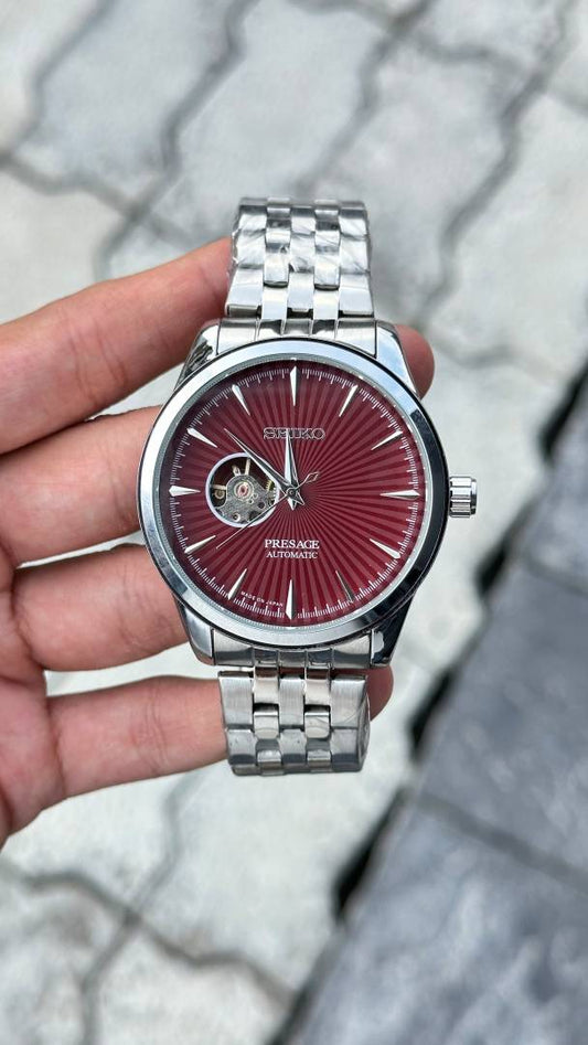 Seiko Presage automatic open-heart burgundy dial stainless steel men's watch