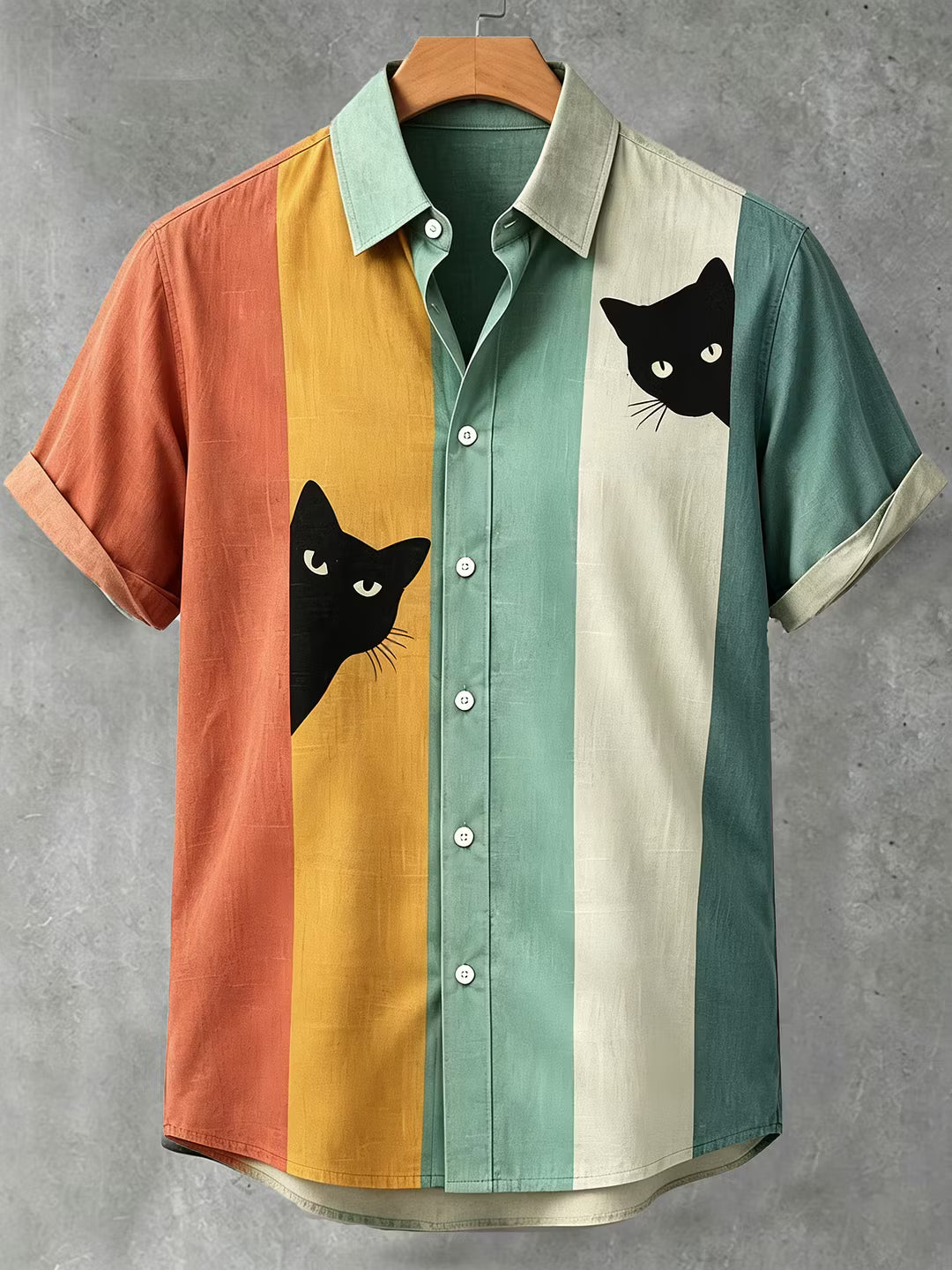 Retro Cat Color Block Shirt – Men's Casual Short Sleeve Summer Shirt
