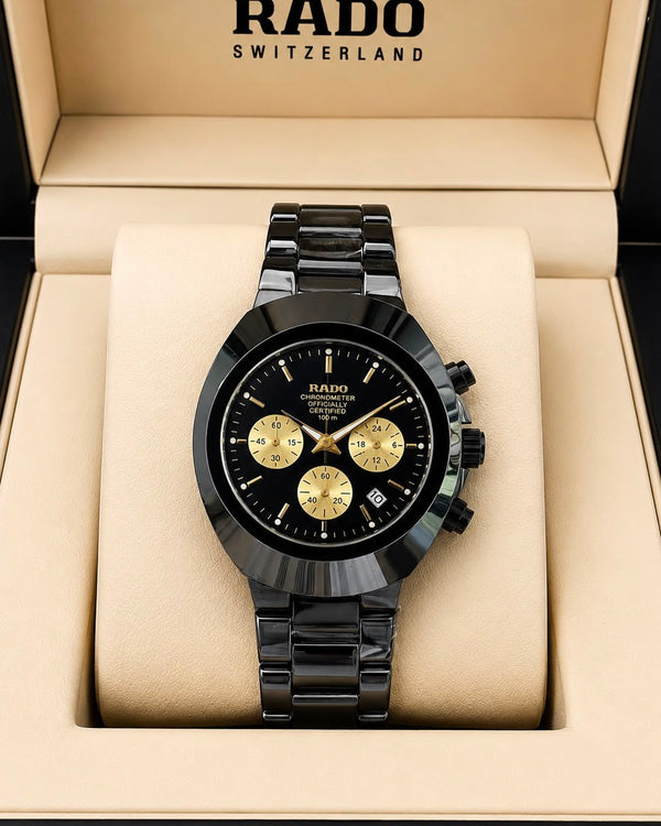 RADO Black Ceramic Chronograph – Gold Accent Dial