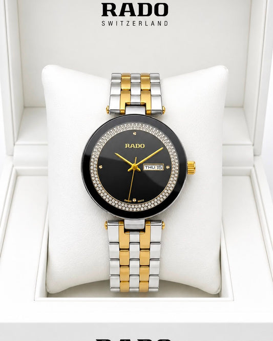 Rado Floral Black Dial Two-Tone Stainless Steel Analog Watch