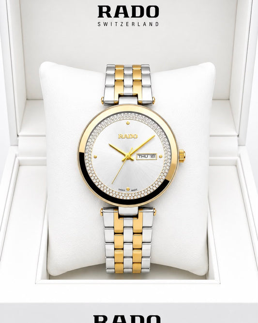 Rado Floral  White Dial Gold-Tone Stainless Steel Analog Watch