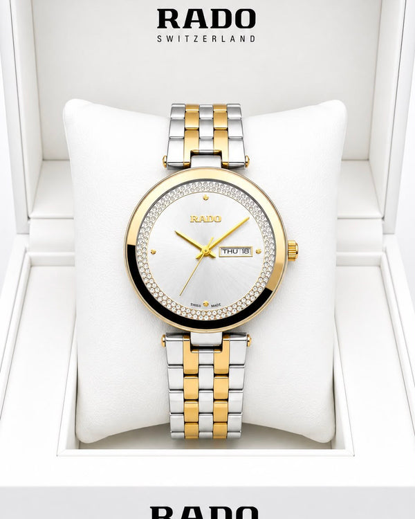 Rado Floral  White Dial Gold-Tone Stainless Steel Analog Watch